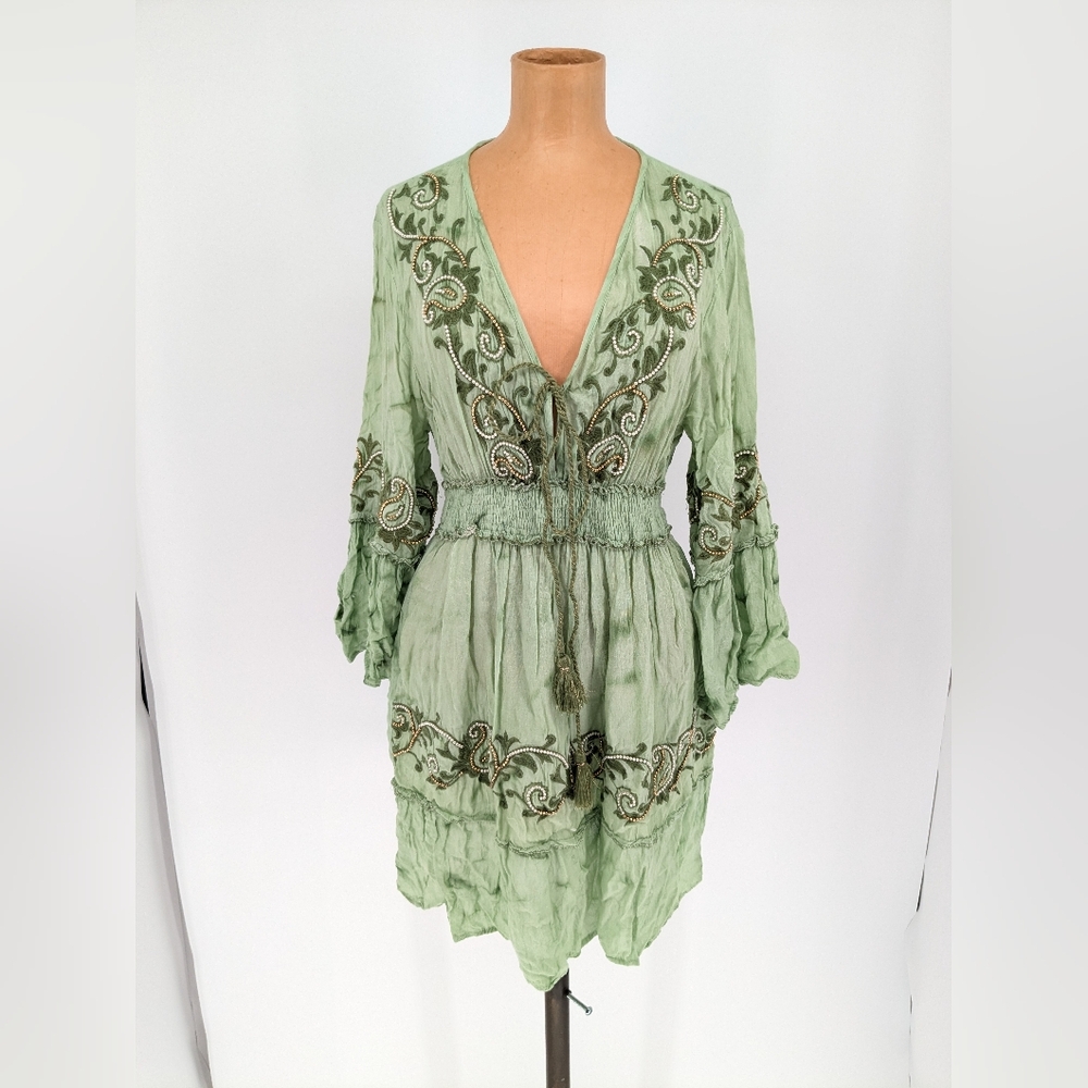 Anisa Spain Womens M/L Fairycore Mini Dress Beaded Tasseled Smocked Waist Boho